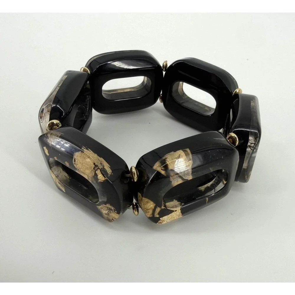 Black and Gold Leaf Resin Chunky Stretch Bracelet Statement Rectangular Link